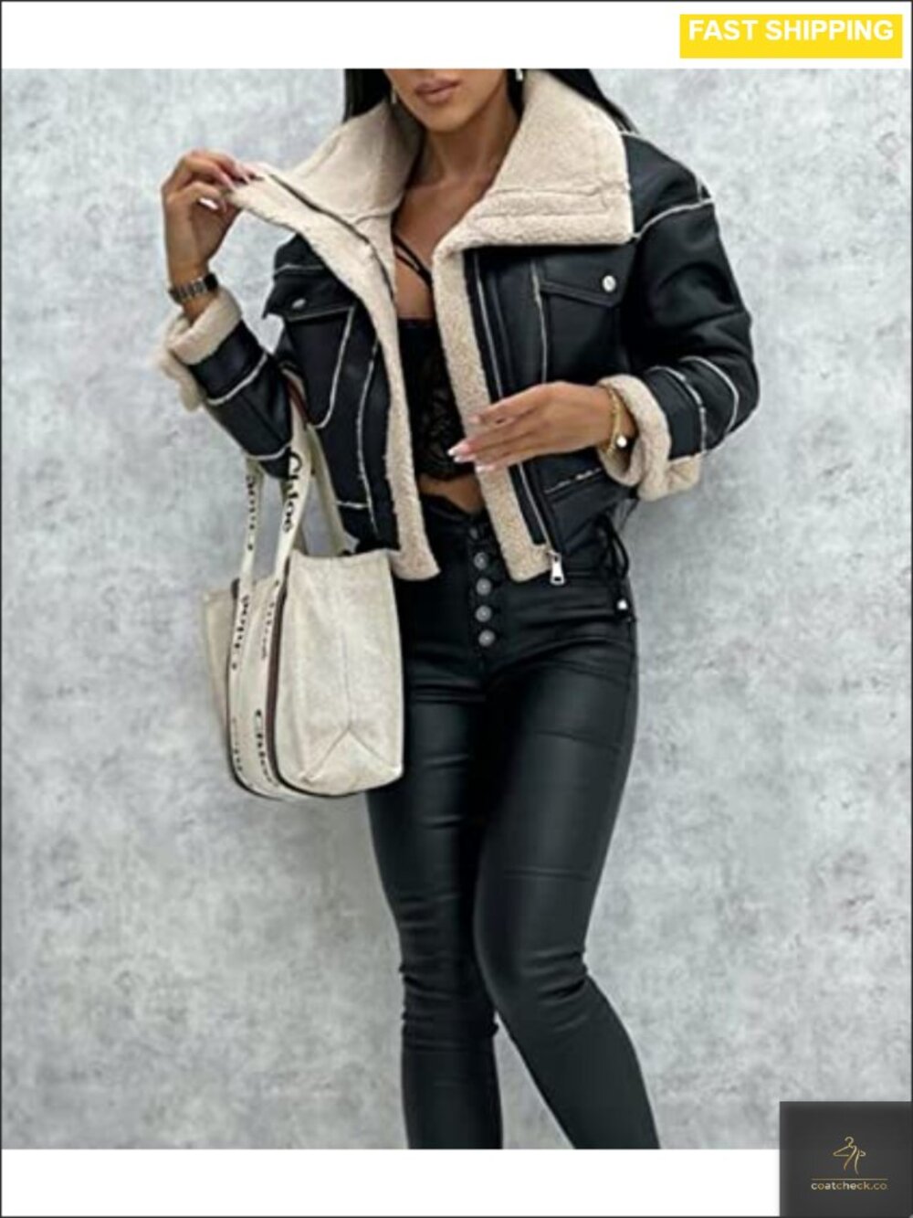 Faux Leather Moto Bomber Jacket Sherpa-Lined Faux Shearing Winter Coat - Picture 4 of 4